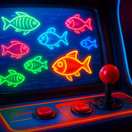 Vivid arcade fishing scene with neon fish swimming across a retro screen and a classic joystick. The image conveys a playful, competitive mood with bold colors, inviting players in Pakistan, including Karachi.