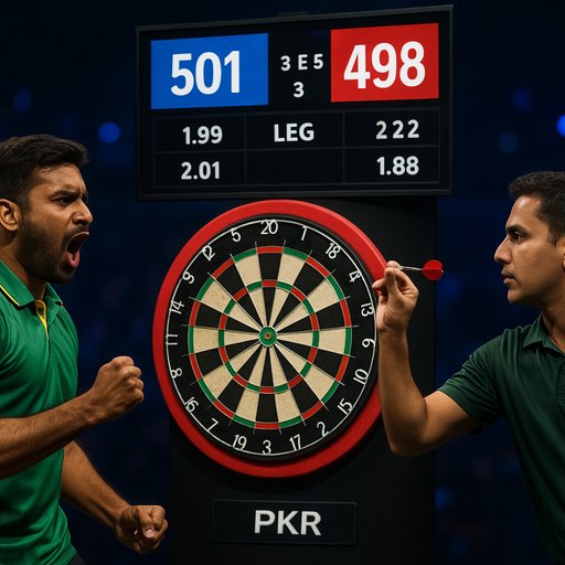 Live darts odds card showing a high-energy match with PKR betting options and a vivid scoreboard, highlighting real-time action for Pakistan players