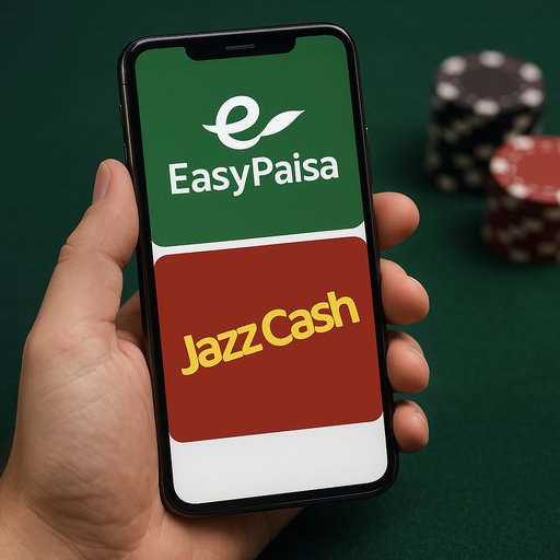 EasyPaisa and JazzCash wallets displayed on a mobile device to illustrate easy PKR deposits for Pakistani players. The interface demonstrates secure, quick transactions and trusted payment options.