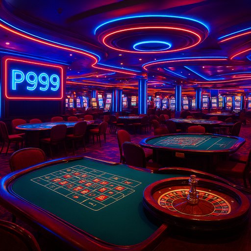 Hero image of a vibrant casino lobby at night with neon lights and busy gaming tables branded with P999. The mood is energetic and inviting, crafted for players in Pakistan seeking a trusted online casino experience.