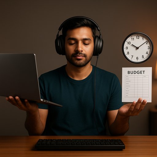 P999 time management hero: a calm gamer at a desk balancing a laptop, a budgeting worksheet, and a clock to illustrate responsible play in Pakistan. The scene uses soft lighting to convey focus and control.
