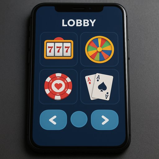 A mobile-friendly gaming lobby displayed on a smartphone screen with responsive controls. The image shows a clean layout, large touch targets, and colorful game icons, illustrating accessibility for players in Karachi and Lahore.