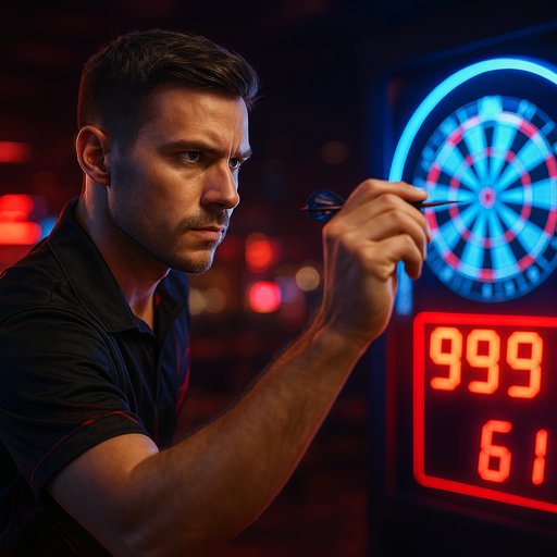 P999 darts hero image showing a focused player aiming at a neon scoreboard with a dynamic, intense mood and sharp focus in a modern casino arena
