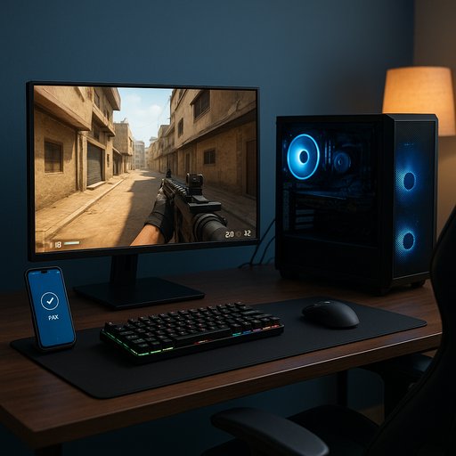 Pakistani gaming setup in Karachi with a desktop, mobile payment options, and a calm, focused environment to promote healthy gaming habits.