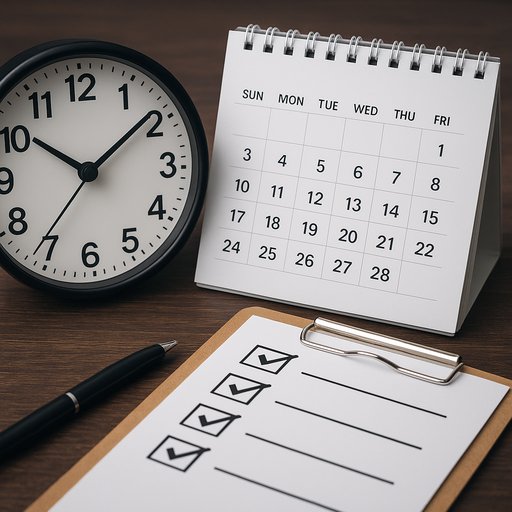 Time management tips visual showing a clock, calendar, and checklist to illustrate budgeting and pacing for players.